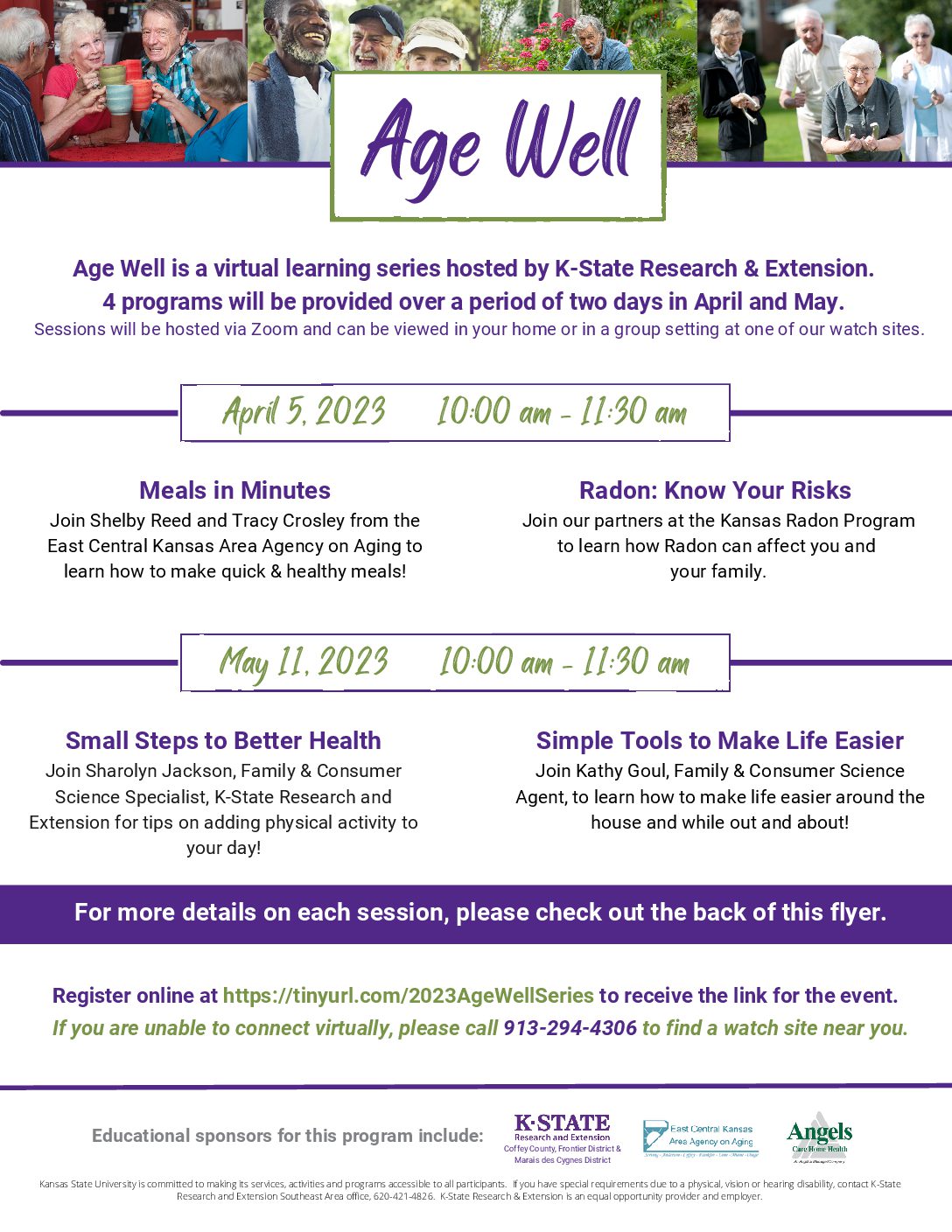 AGE Well Program Virtual April 5th & May 15th  (note La Cygne Watch Time is different for 2nd meeting)