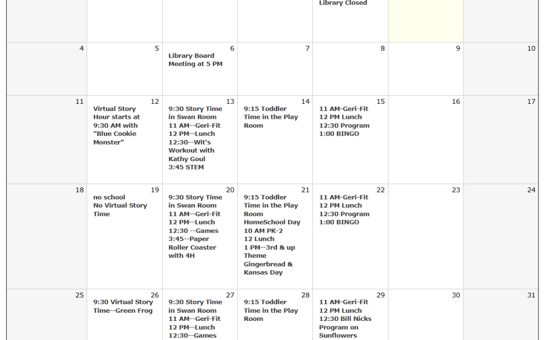 January 2026 La Cygne Library Calendar!